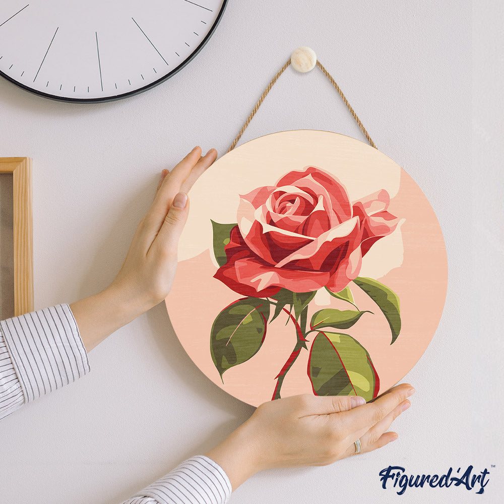 Peinture Par Numéro Sur Disque En Bois - Rose Rouge