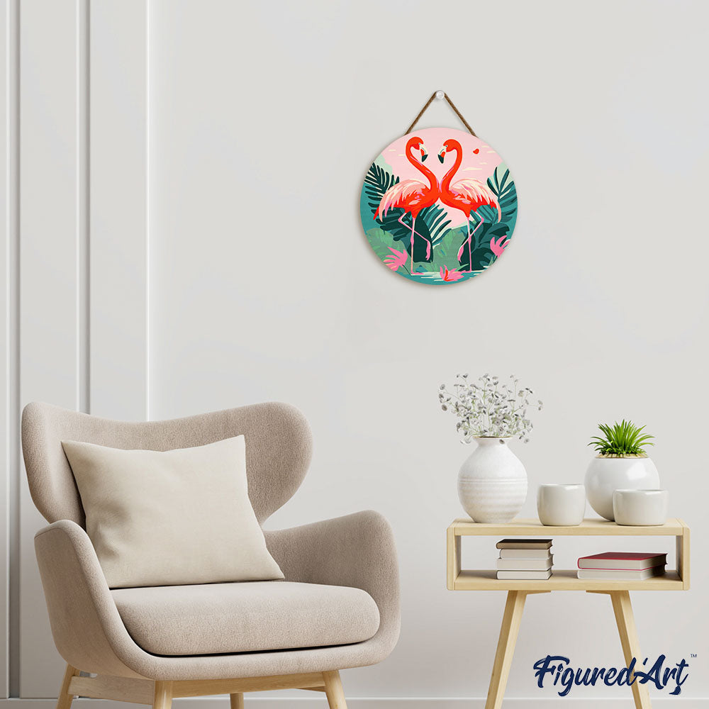 Paint By Numbers On Wood Disc - Tropical Flamingos