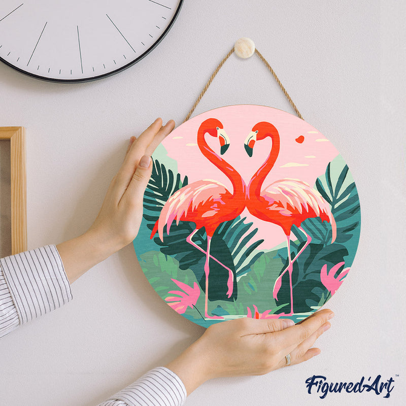 Peinture Par Numéros - Peinture Par Numéro Sur Disque En Bois - Flamants Roses Tropicaux