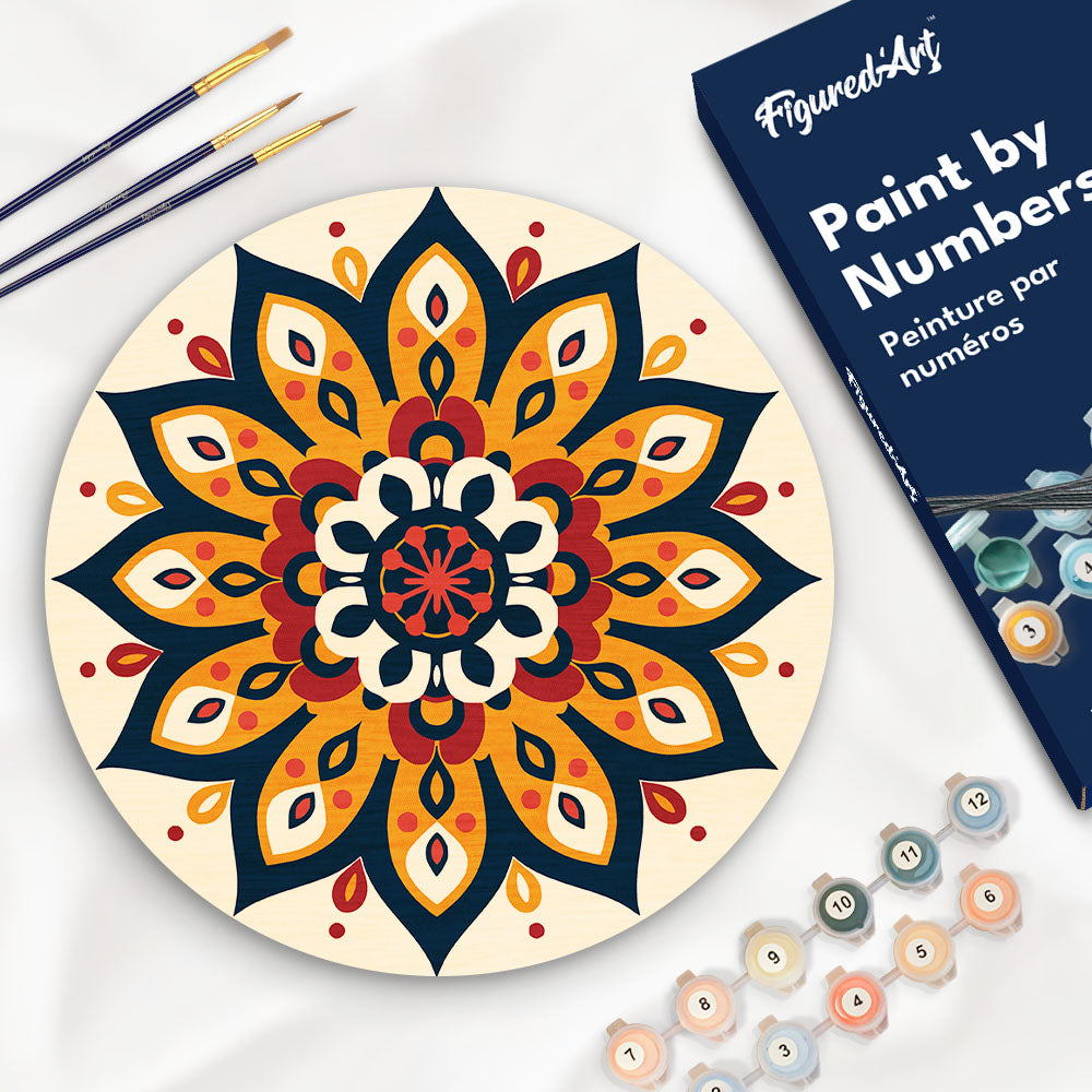 Peinture Par Numéro Sur Disque En Bois - Mandala Ensoleillé