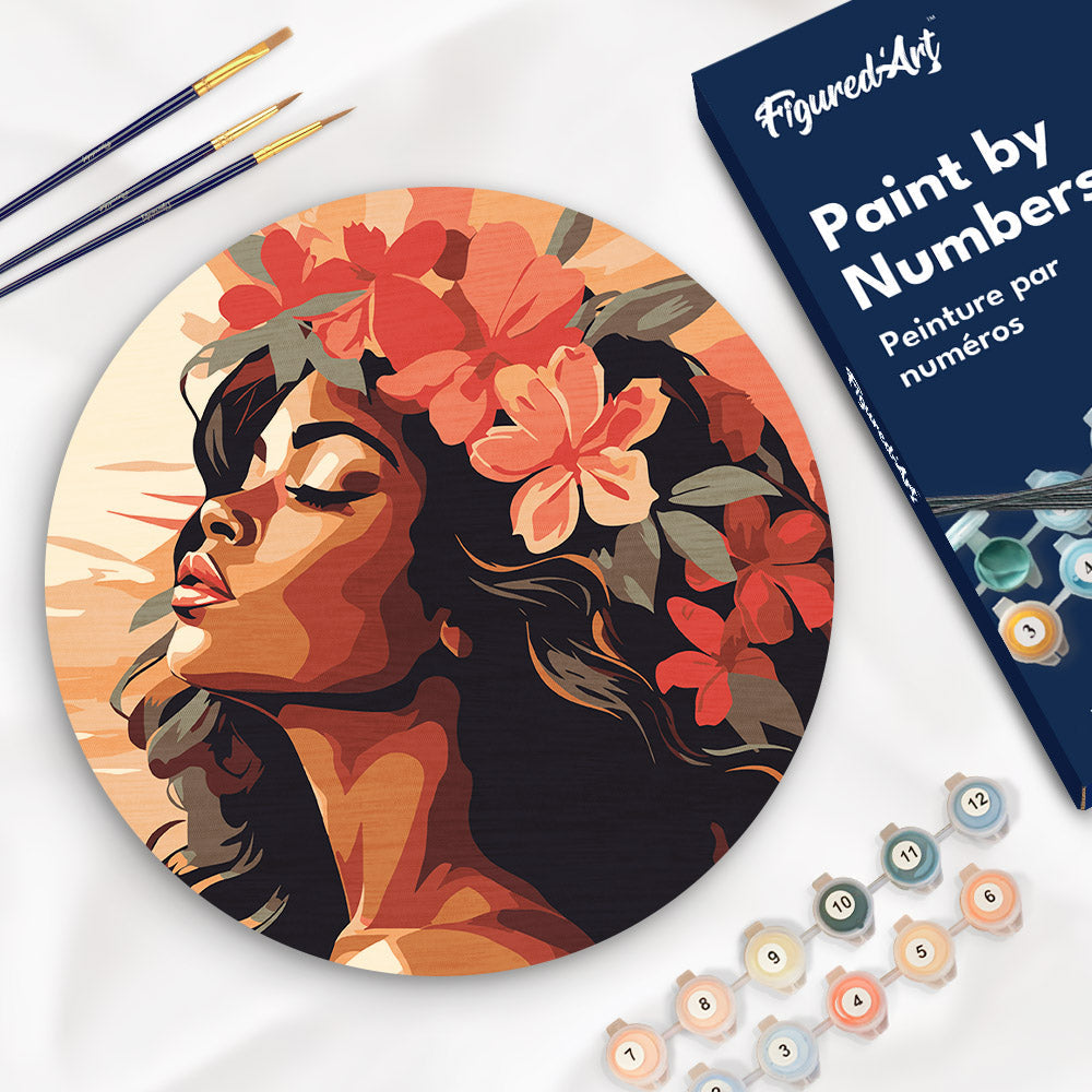 Pintura por números sobre disco de madera - Mujer floral