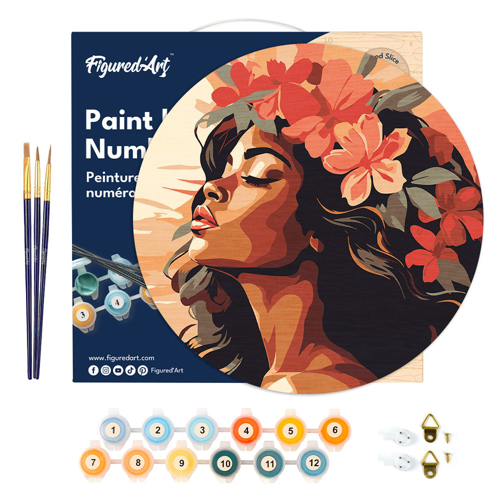 Pintura por números sobre disco de madera - Mujer floral