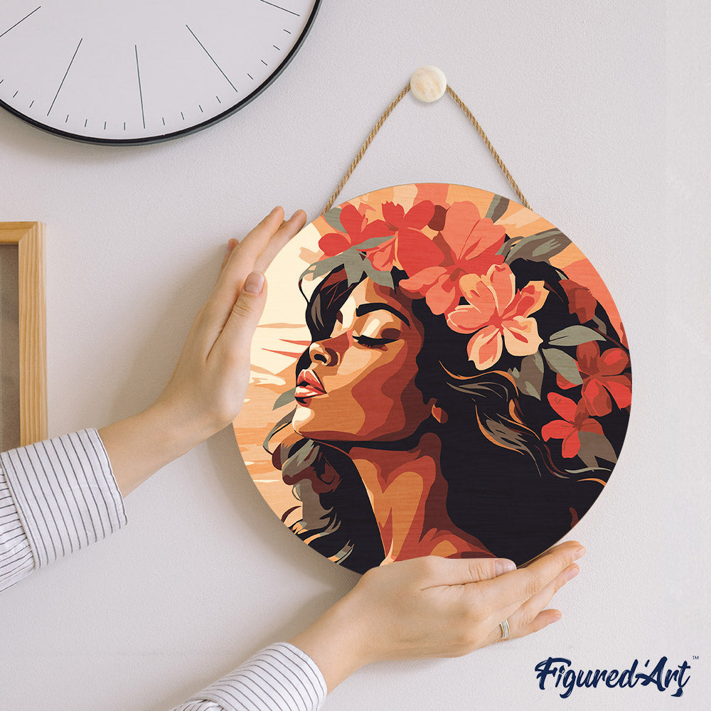 Pintura por números sobre disco de madera - Mujer floral