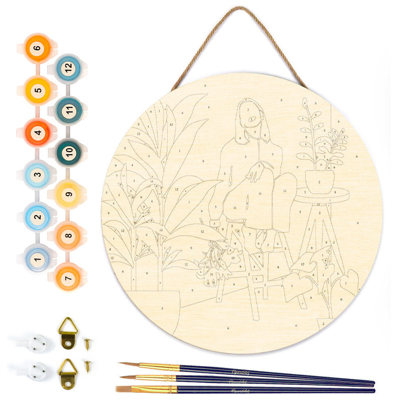 Peinture Par Numéros - Peinture Par Numéro Sur Disque En Bois - Femme Et Bouquet