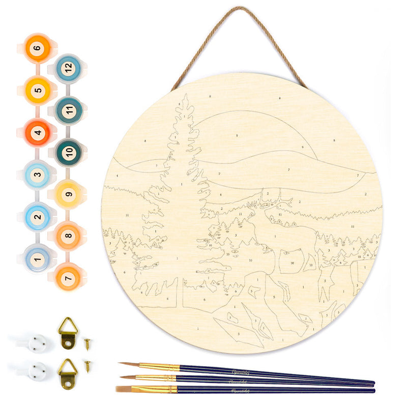 Peinture Par Numéros - Peinture Par Numéro Sur Disque En Bois - Cerf Majestueux Et Paysage