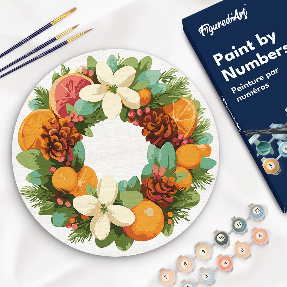 Peinture Par Numéro Sur Disque En Bois - Couronne D’Agrumes Et De Pin