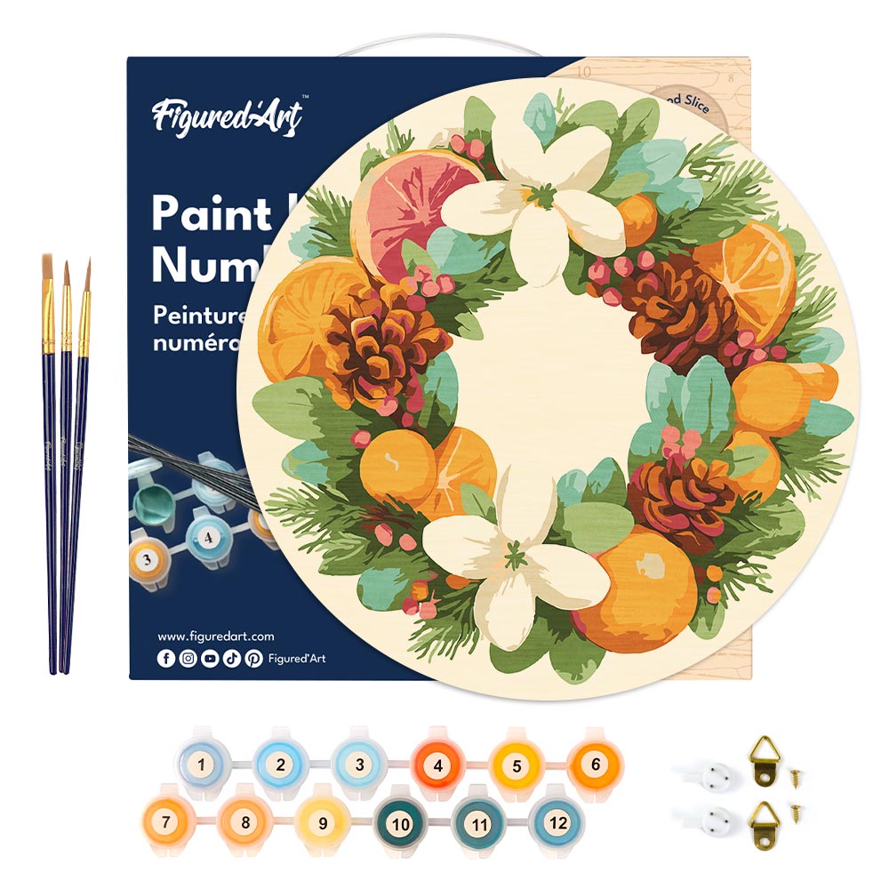 Peinture Par Numéro Sur Disque En Bois - Couronne D’Agrumes Et De Pin