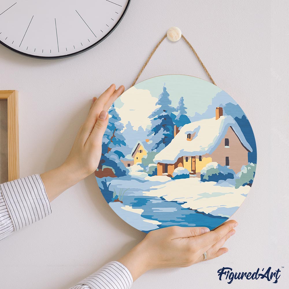 Peinture Par Numéro Sur Disque En Bois - Chalet En Hiver