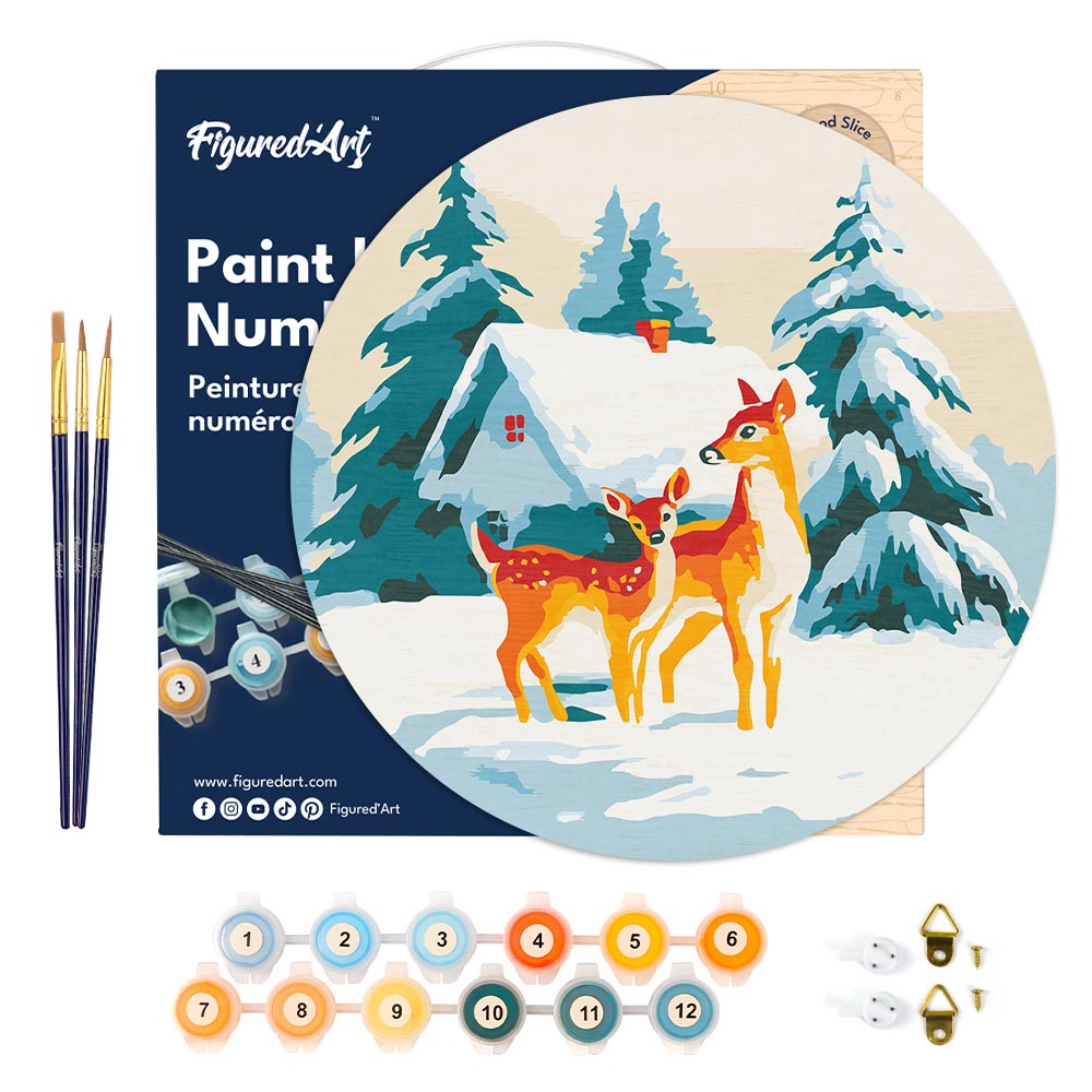Peinture Par Numéro Sur Disque En Bois - Biches Et Cabane