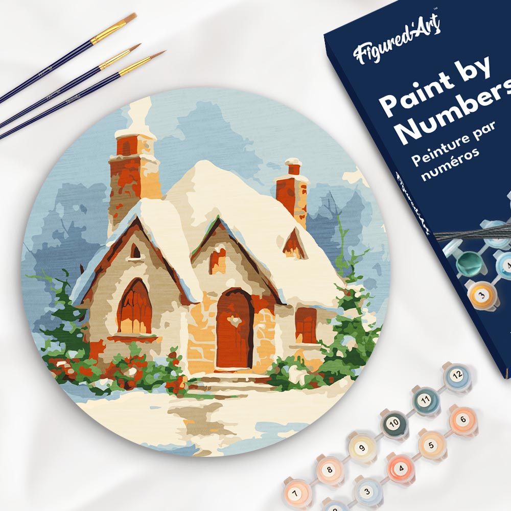 Paint By Numbers On Wooden Disc - Brick House In The Snow