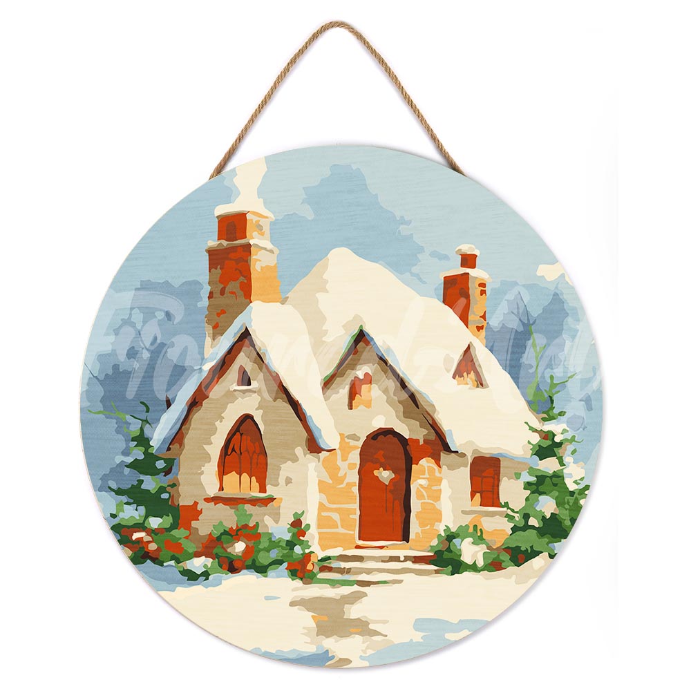 Paint By Numbers On Wooden Disc - Brick House In The Snow