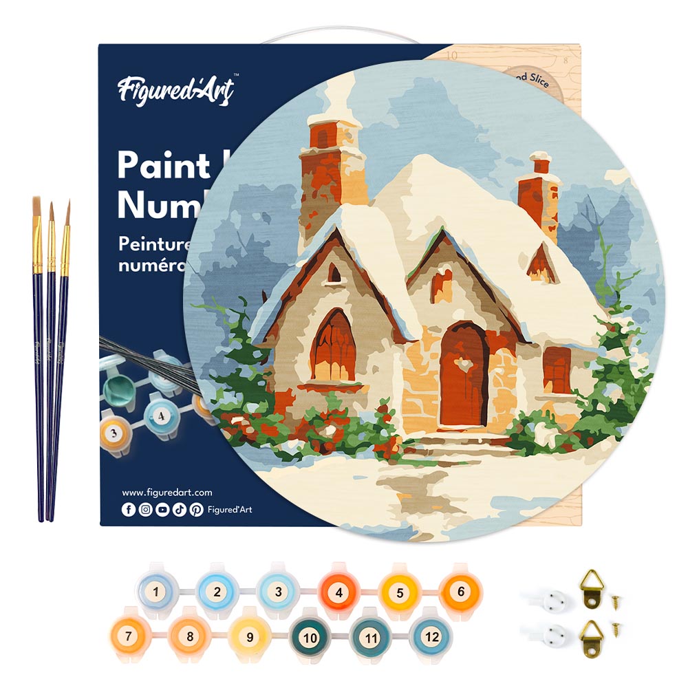 Paint By Numbers On Wooden Disc - Brick House In The Snow