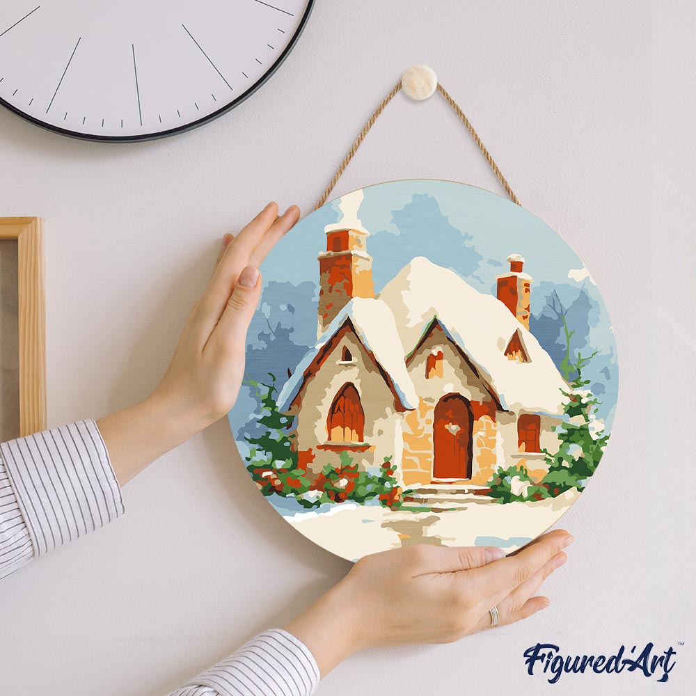Paint By Numbers On Wooden Disc - Brick House In The Snow
