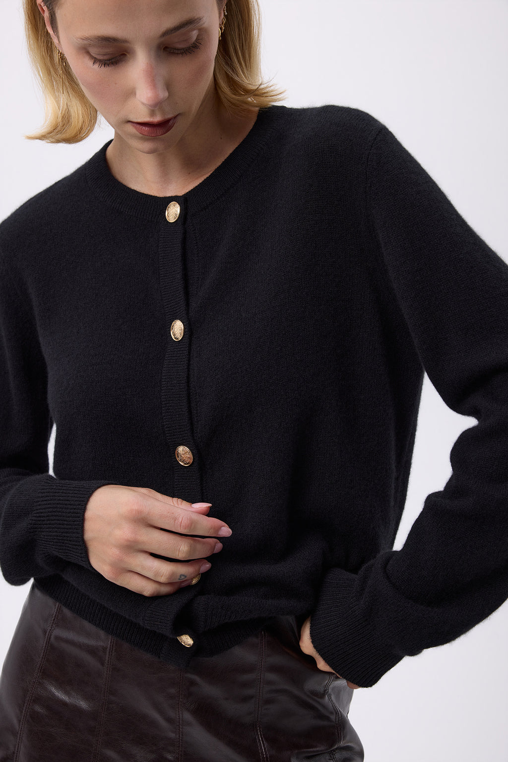 Gilet Col Rond Oversize Boutons Dorés F Riva - Noir - Femme