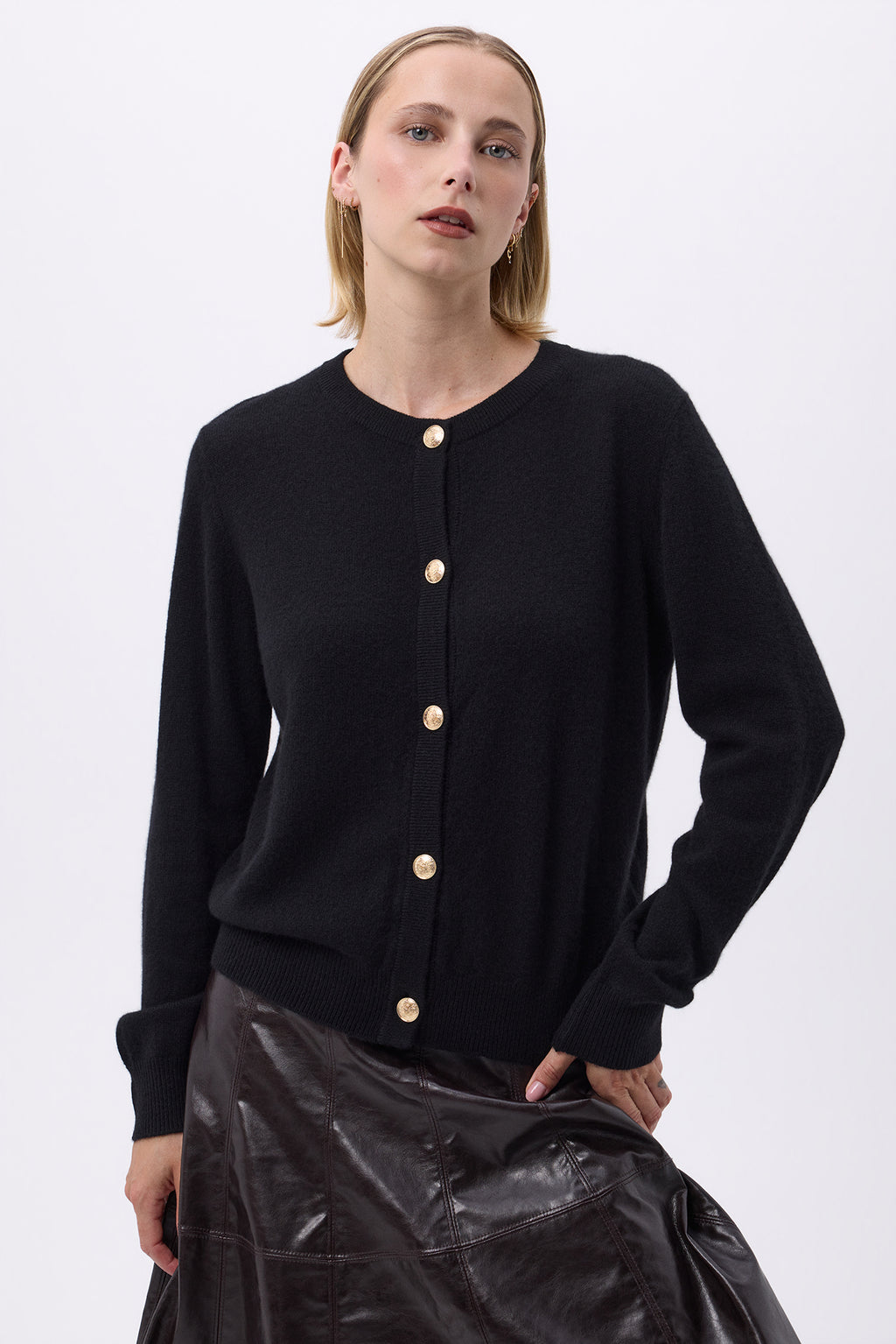 Gilet Col Rond Oversize Boutons Dorés F Riva - Noir - Femme