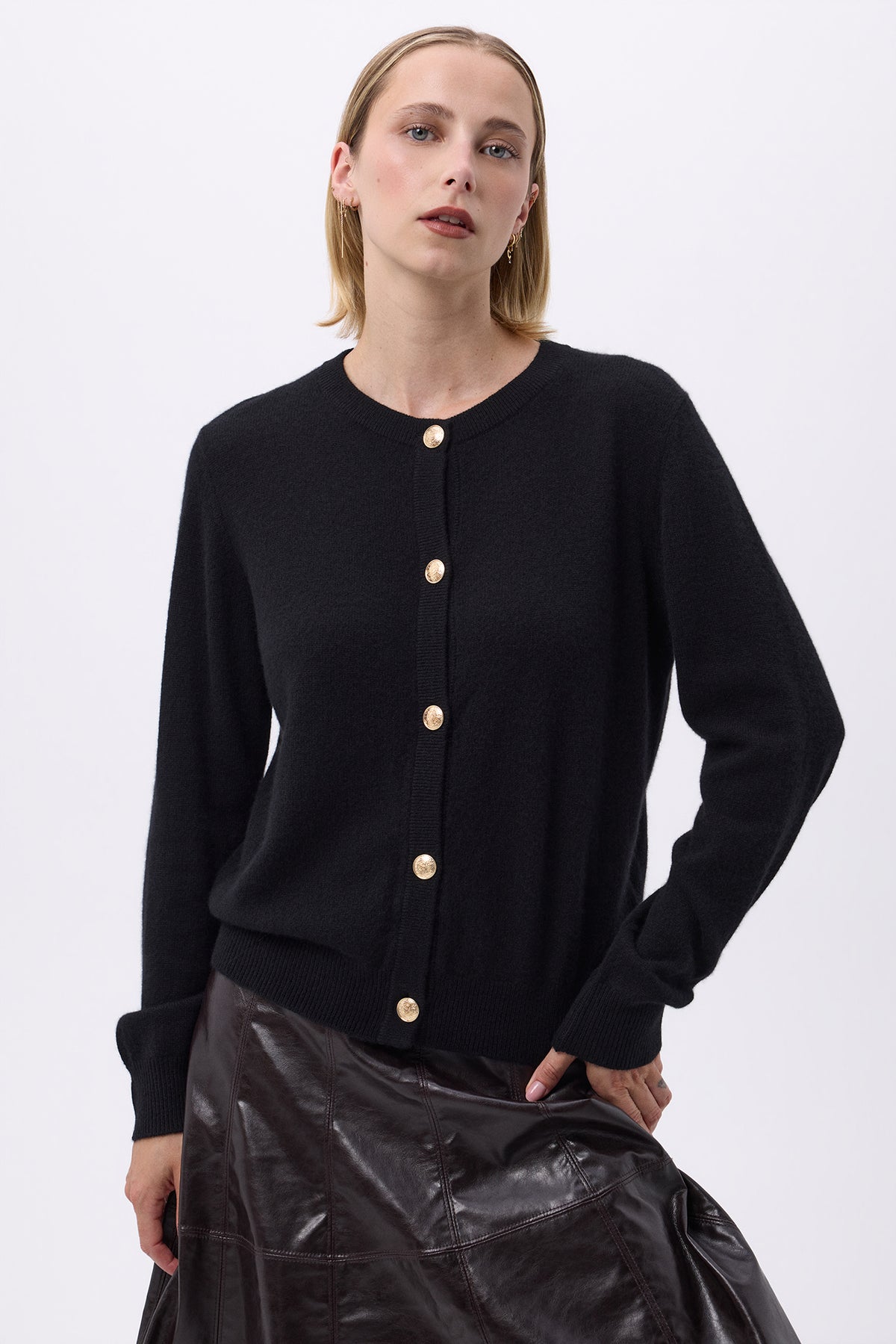 Gilet Col Rond Oversize Boutons Dorés F Riva - Noir - Femme