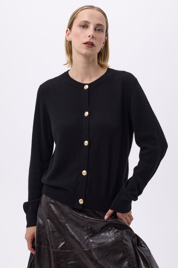 Gilet Col Rond Oversize Boutons Dorés F Riva - Noir - Femme