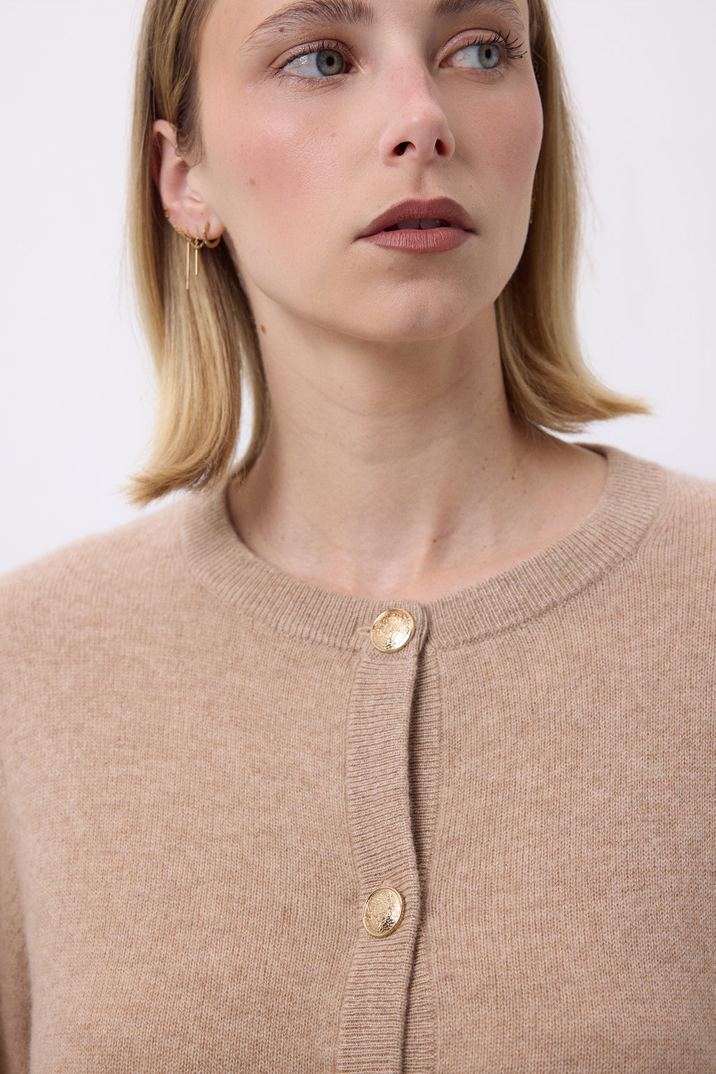 Gilet Col Rond Oversize Boutons Dorés Riva - Beige Crème - Femme