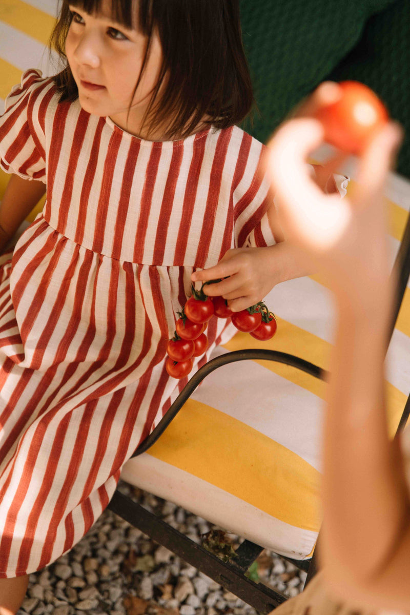 Vestido de cocina a rayas rojo ladrillo