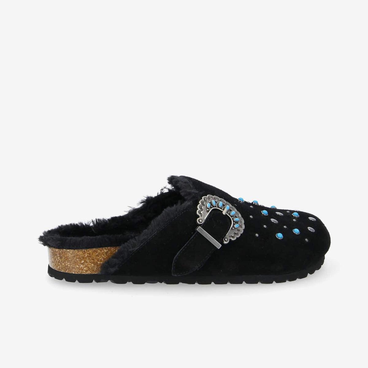 Paloma Clog W - Suede/Fur/Rivet - Black/Black/Blue