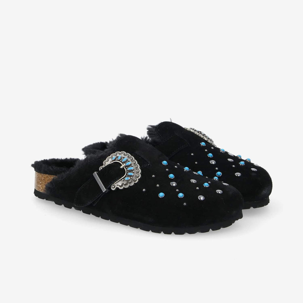 Paloma Clog W - Suede/Fur/Rivet - Black/Black/Blue