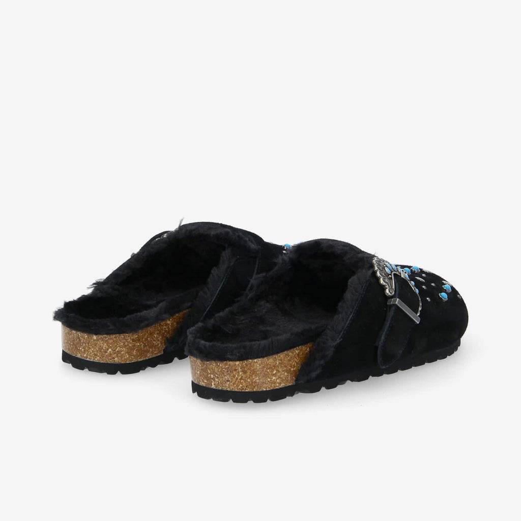 Paloma Clog W - Suede/Fur/Rivet - Black/Black/Blue