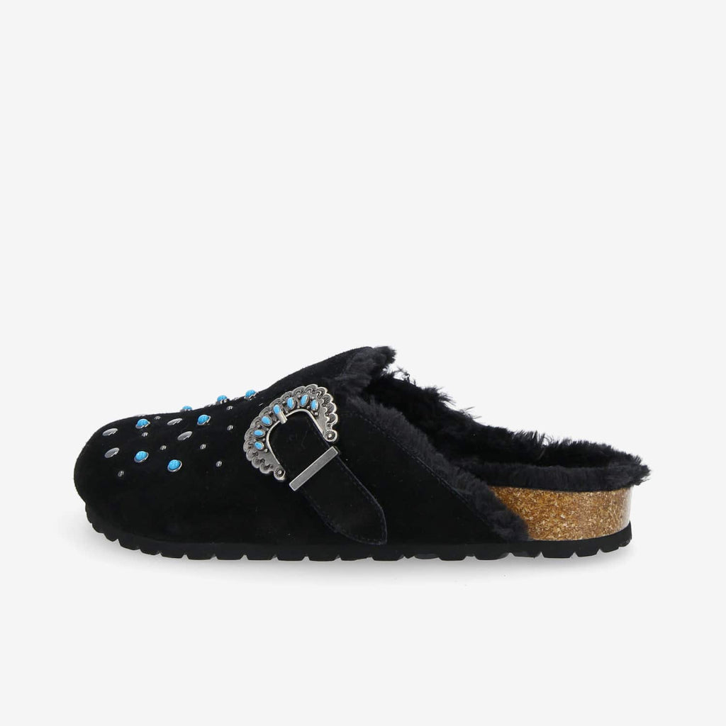 Paloma Clog W - Suede/Fur/Rivet - Black/Black/Blue