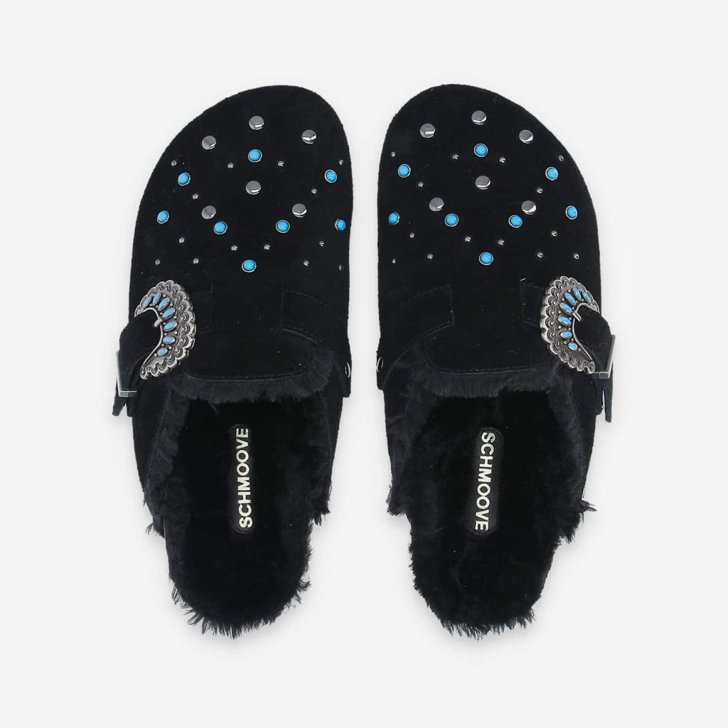 Paloma Clog W - Suede/Fur/Rivet - Black/Black/Blue