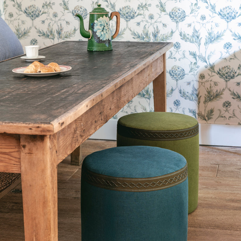 Taburete con asiento Star - Lino azul pavo real - Mayfair Piping