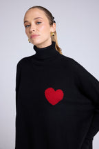 Pull Col Roule Coeur Poncho Rolanda - Noir Rouge - Femme