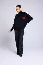 Pull Col Roule Coeur Poncho Rolanda - Noir Rouge - Femme