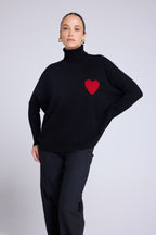 Pull Col Roule Coeur Poncho Rolanda - Noir Rouge - Femme