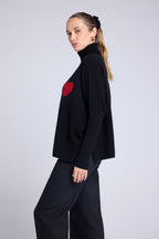 Pull Col Roule Coeur Poncho Rolanda - Noir Rouge - Femme