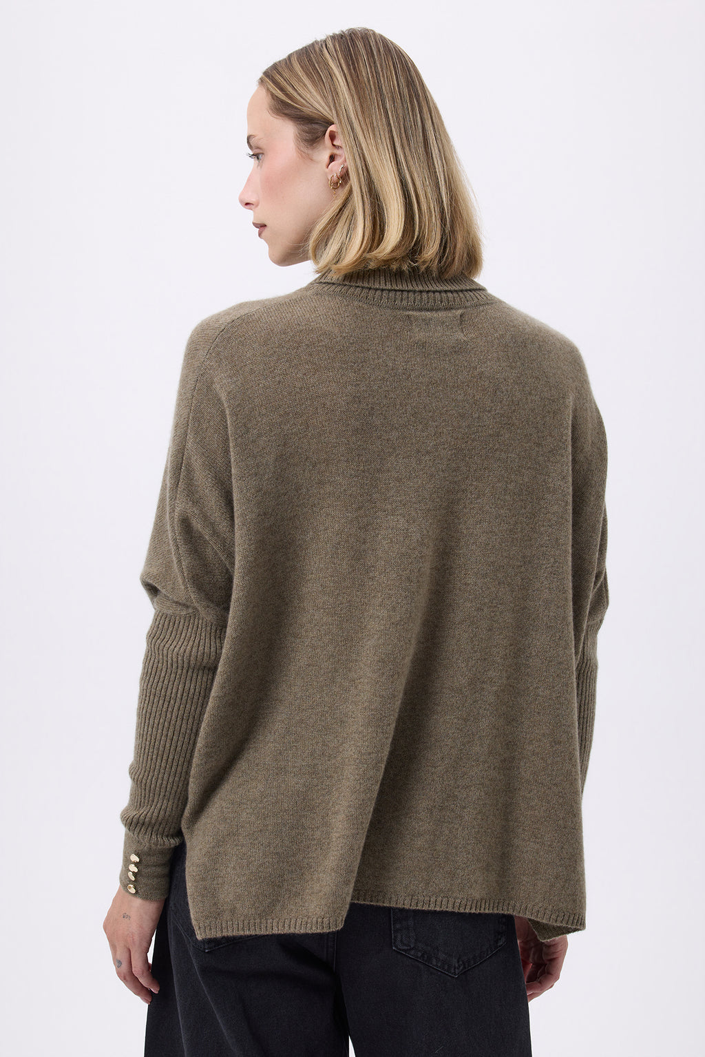 Pull Col Roule Poncho Avec Boutons F Rolanda - Vert Khaki Boutons Dores - Femme