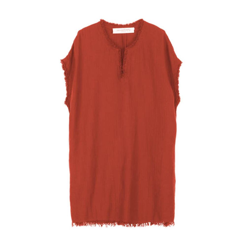 Fringed Cotton Gauze Dress - Red