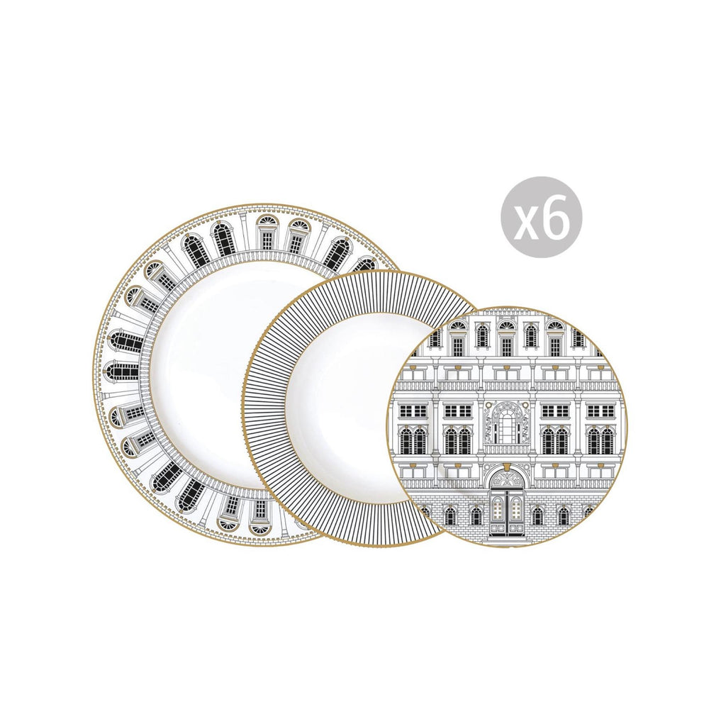 Palazzo - Service 18 Assiettes - Porcelaine - Blanc, Noir Et Or