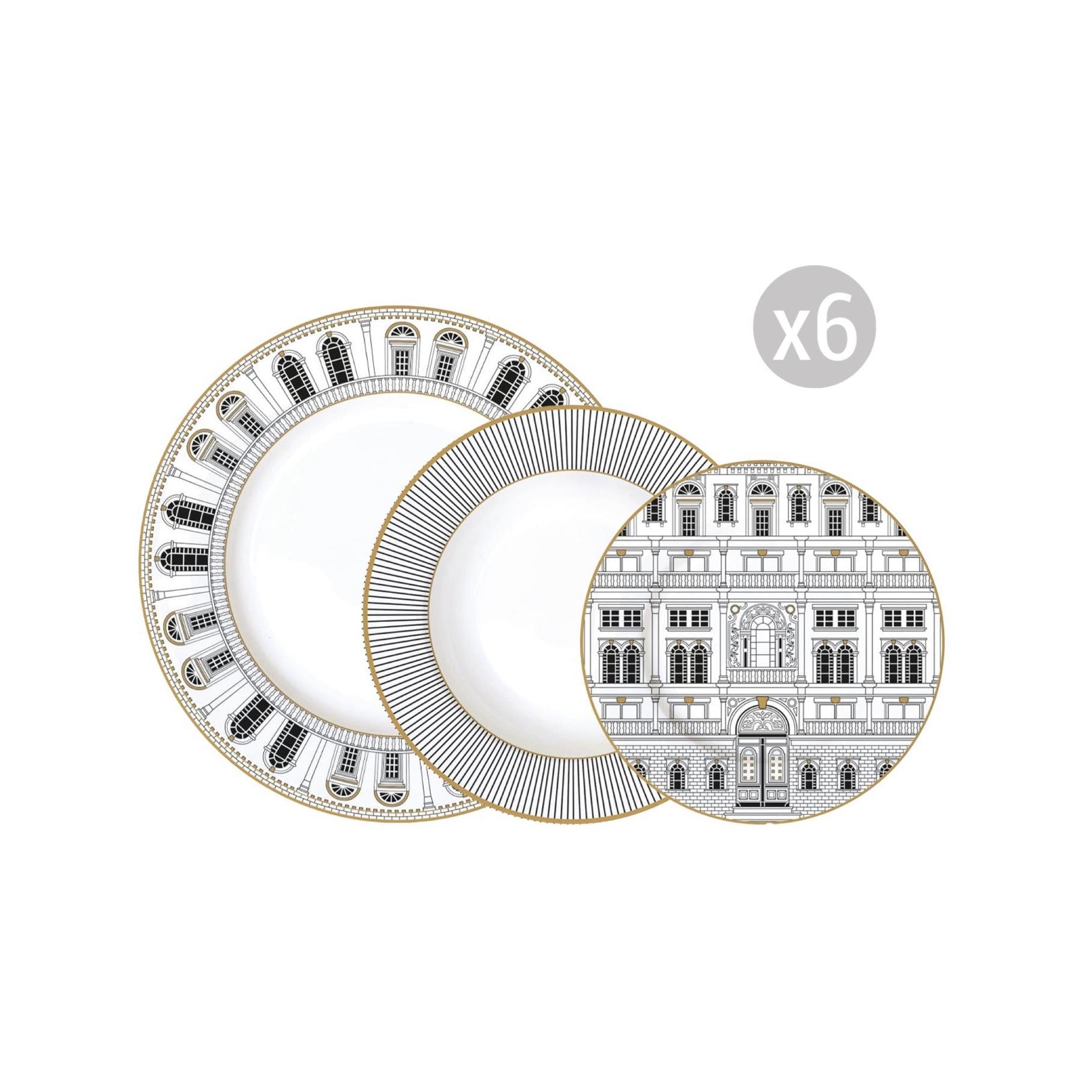 Palazzo - Service 18 Assiettes - Porcelaine - Blanc, Noir Et Or