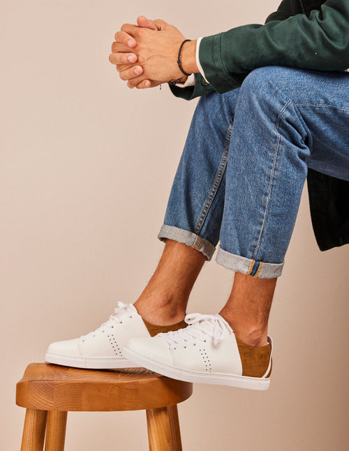 René Low Sneakers - Leather Blanc And Corduroy Beige