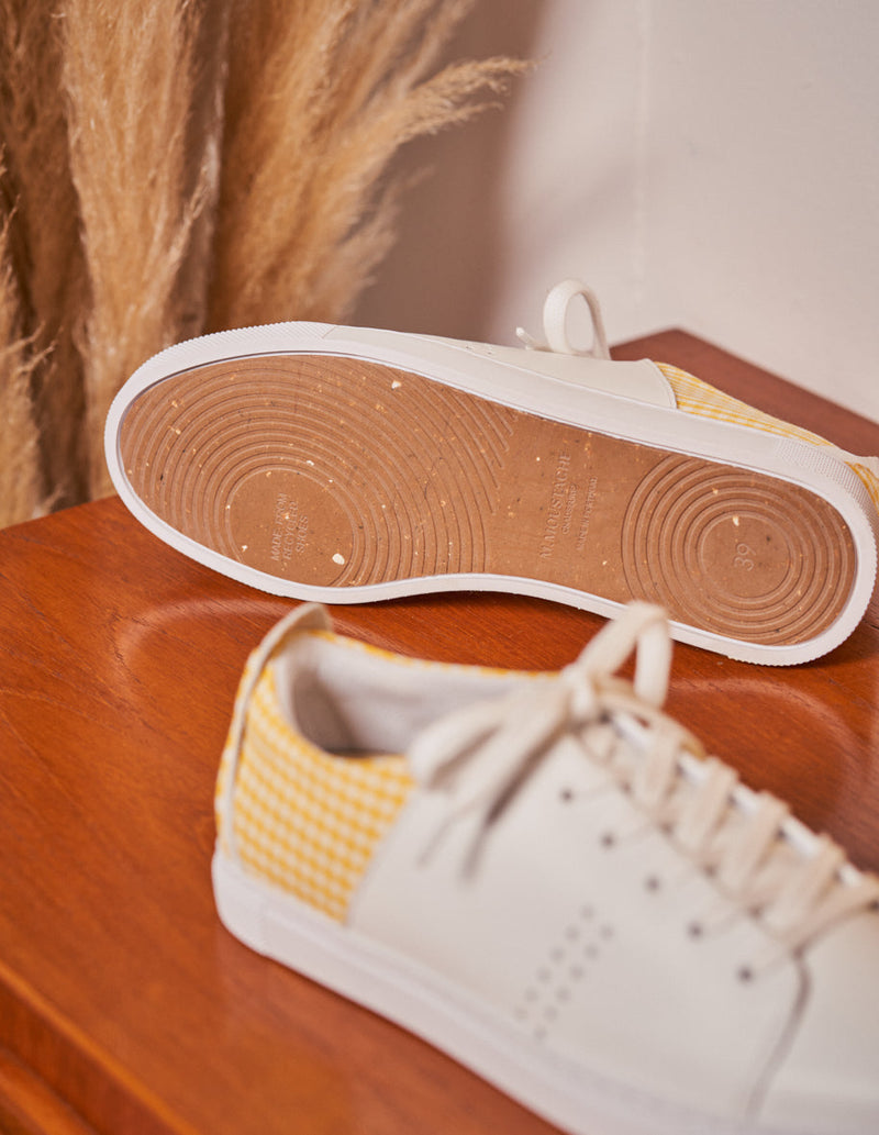 Renée Low Sneakers - Leather Blanc and Yellow Gingham Canvas