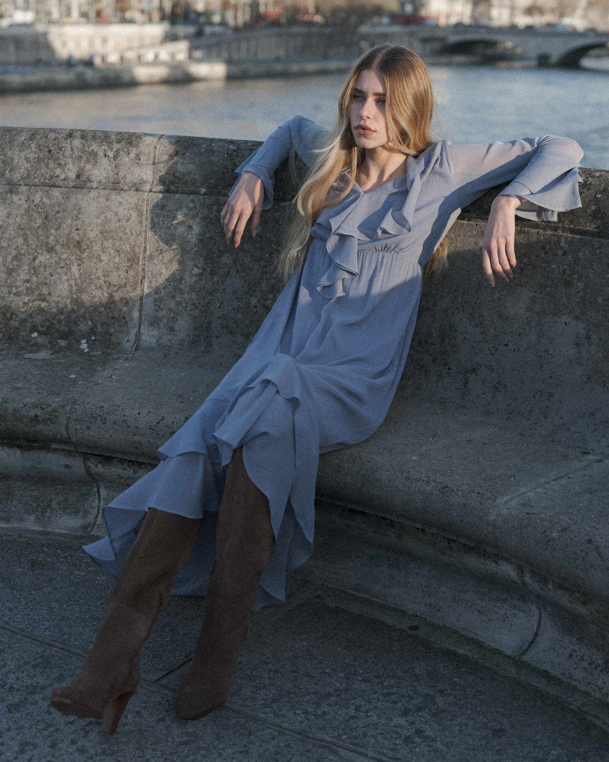 Airy Long Ruffle Dress Cornflower Samira