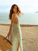 Flowing beach dress Leila Palm Tree Green Tatiane de Freitas – thin matching straps, striped dress, sophisticated side slit, enhances the tan, luxury cover-up, chic beach dress Lyon
