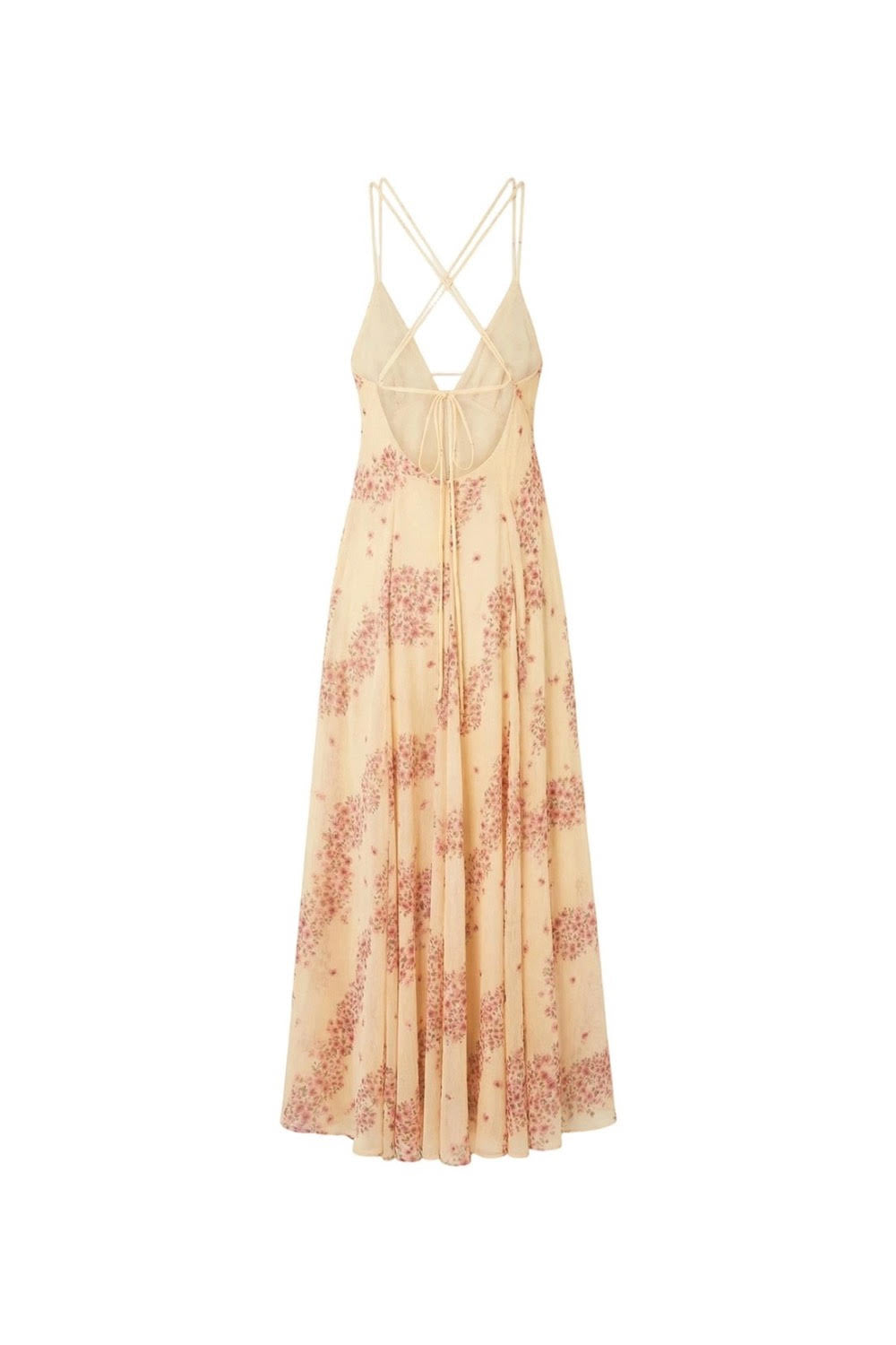 Vestido fluido de espalda descubierta en gasa beige y rosa con estampado de inspiración asiática de la marca parisina Phème Paris, fotografiado en la costa del sur de Francia, ideal para vacaciones, ceremonias de verano y bodas de destino.