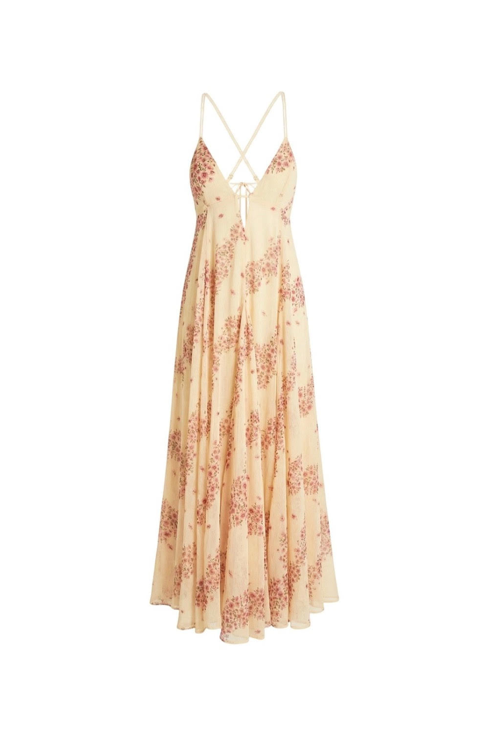 Vestido fluido de espalda descubierta en gasa beige y rosa con estampado de inspiración asiática de la marca parisina Phème Paris, fotografiado en la costa del sur de Francia, ideal para vacaciones, ceremonias de verano y bodas de destino.