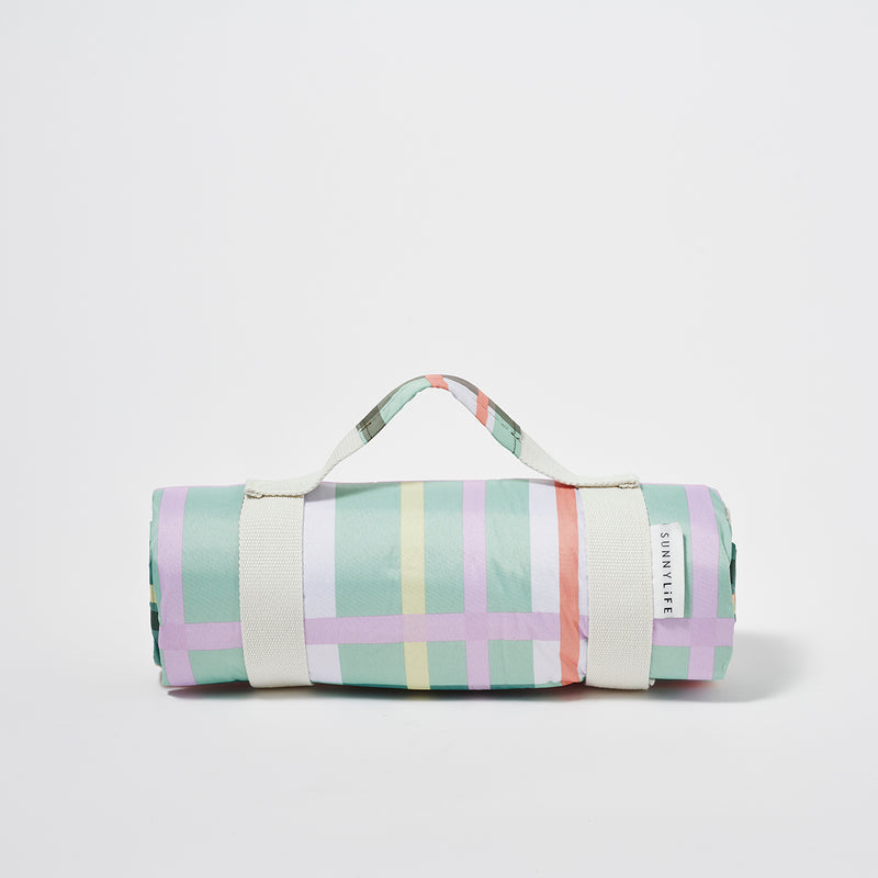 Manta de playa y picnic Wash Me, estampado de cuadros salvia