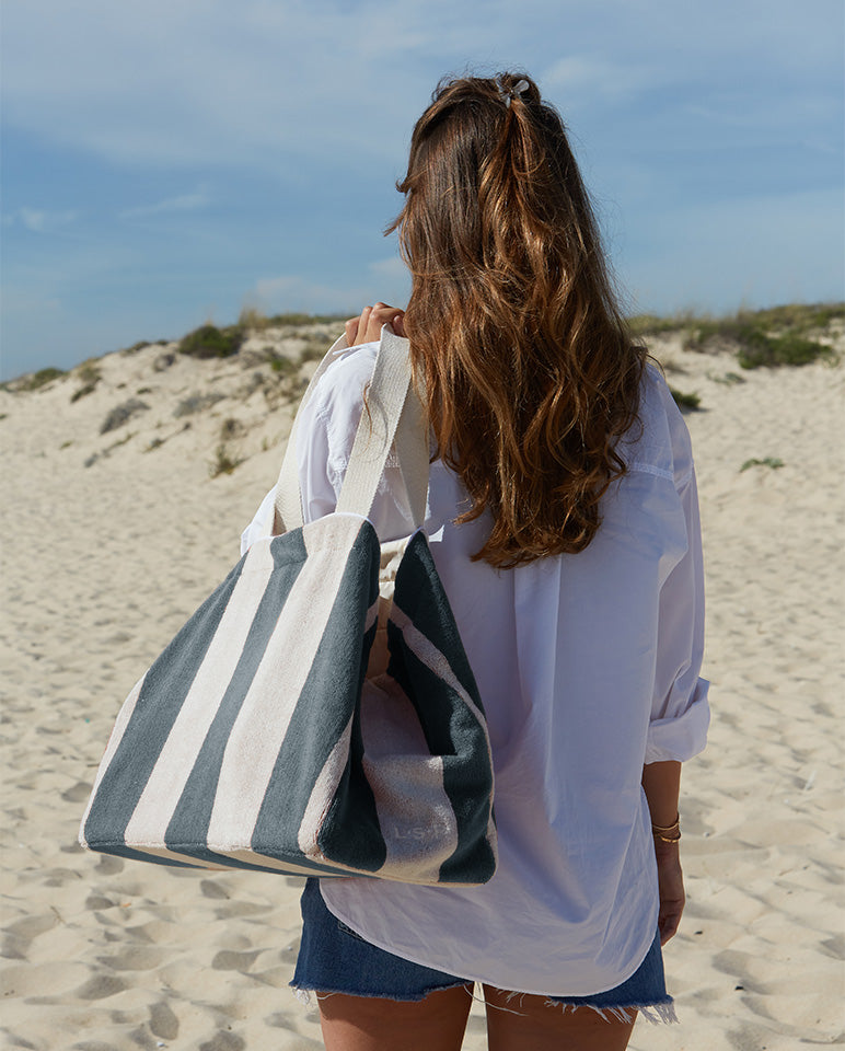 Cabas De Plage - Éponge - Rayures Gris / Crème