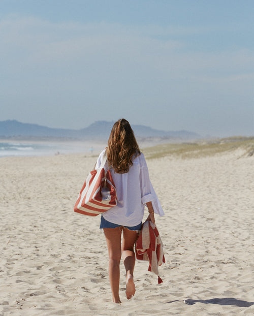 Cabas De Plage - Éponge - Rayures Rouille / Crème
