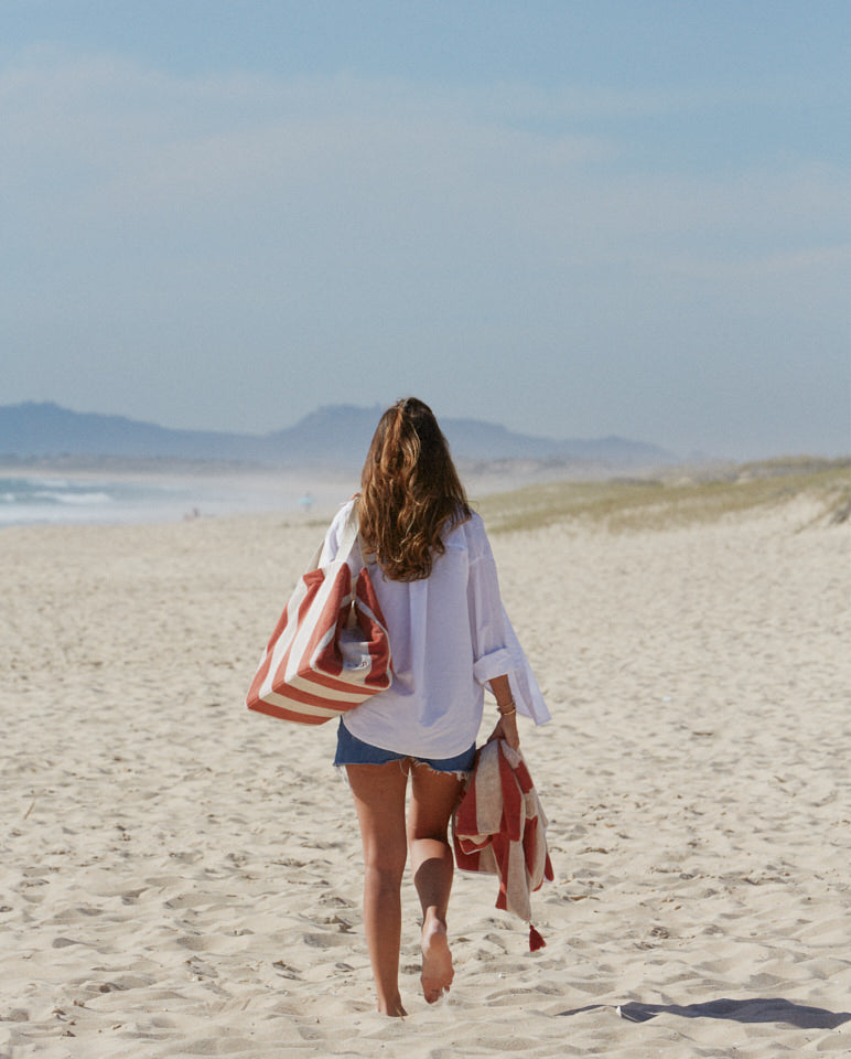 Cabas De Plage - Éponge - Rayures Rouille / Crème