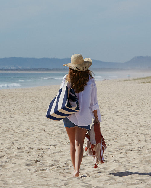 Cabas De Plage - Éponge - Rayures Bleu Océan / Crème