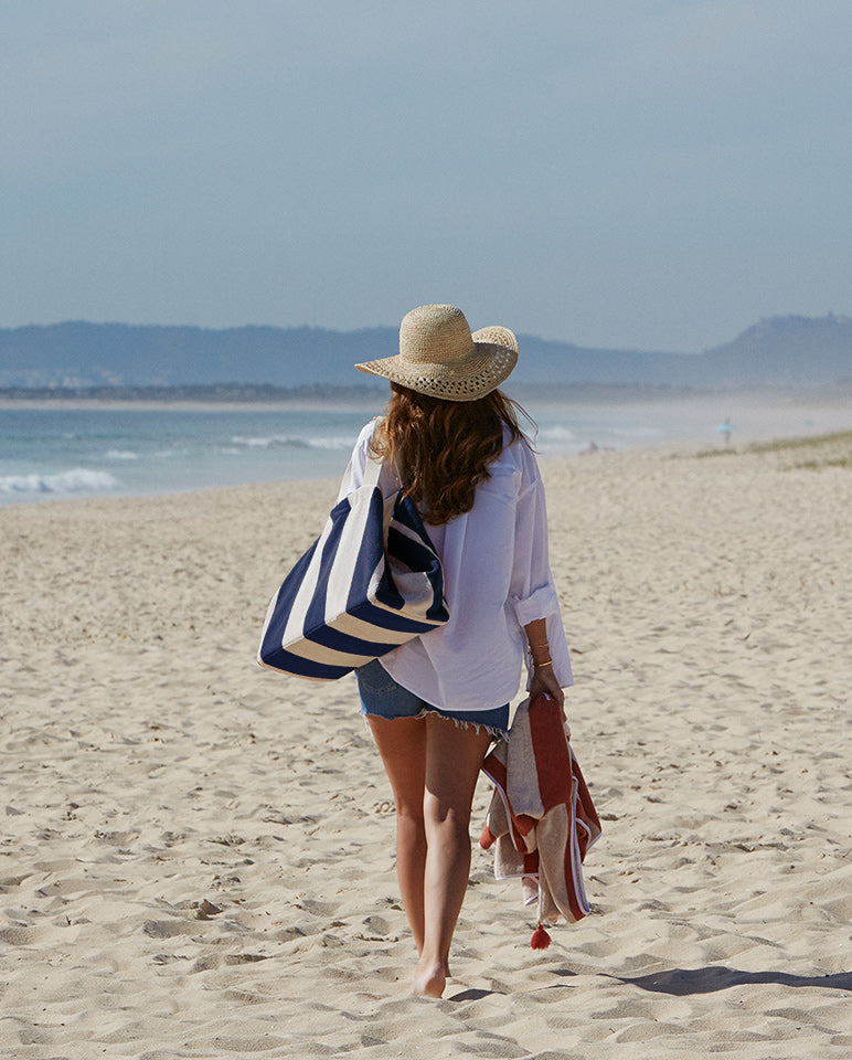 Cabas De Plage - Éponge - Rayures Bleu Océan / Crème