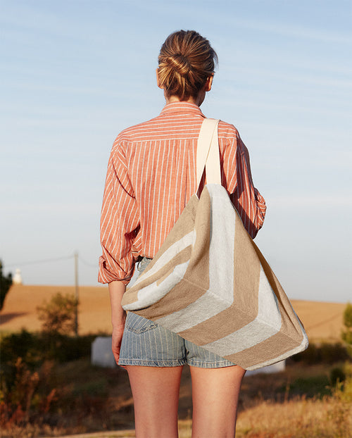 Cabas De Plage - Éponge - Rayures Sable / Crème